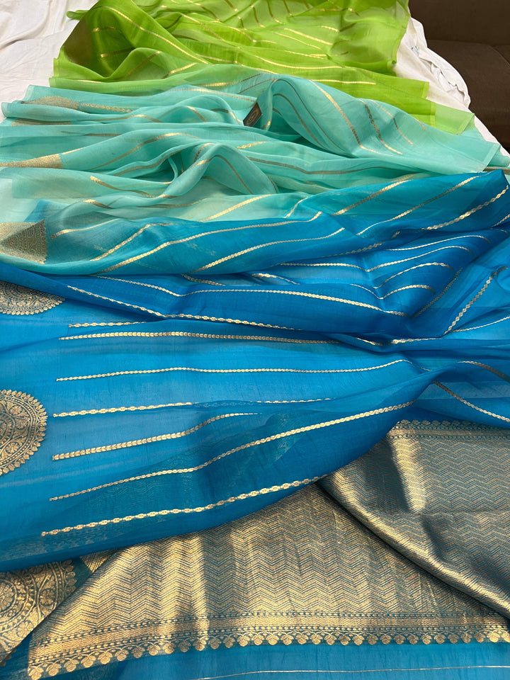 Green - Blue Shaded Banarasi Handloom Kora Silk Saree - Aura Benaras