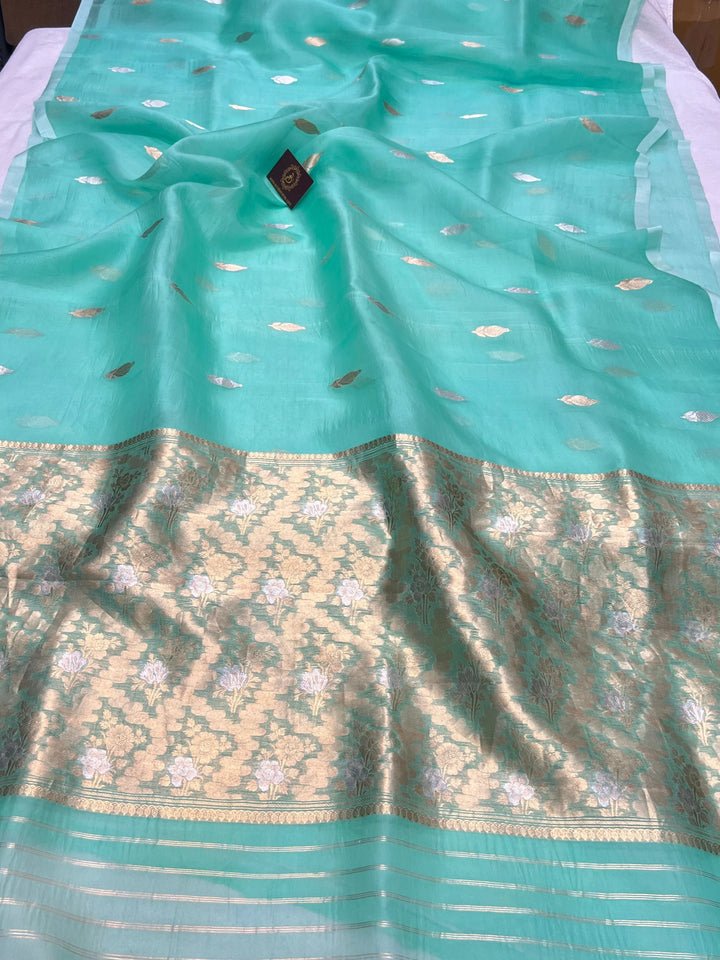 Turquoise Green Pure Kora Silk Banarasi Saree with Sona Rupa Butis 