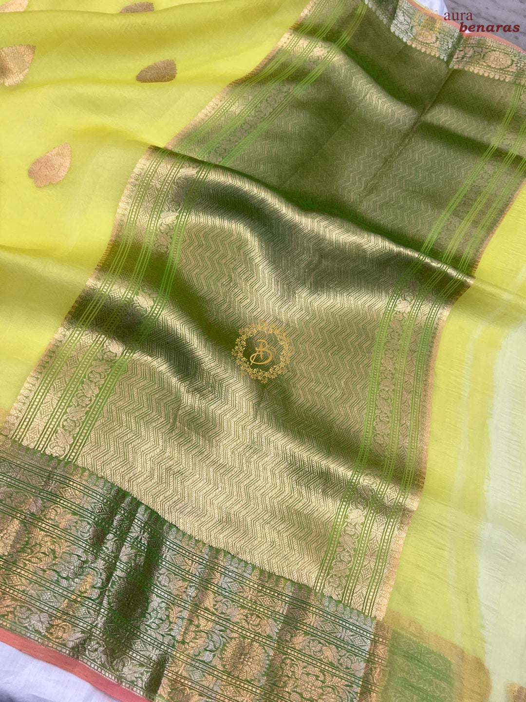 Pre Order :: Lime Green Pure Banarasi Handloom Kora Silk Saree