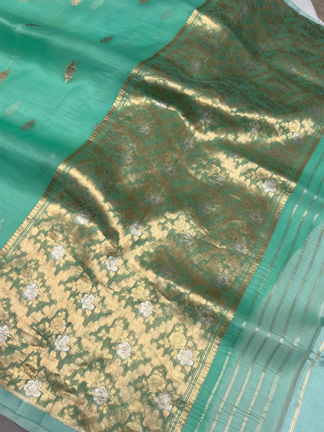 Turquoise Green Pure Kora Silk Banarasi Saree with Sona Rupa Butis 