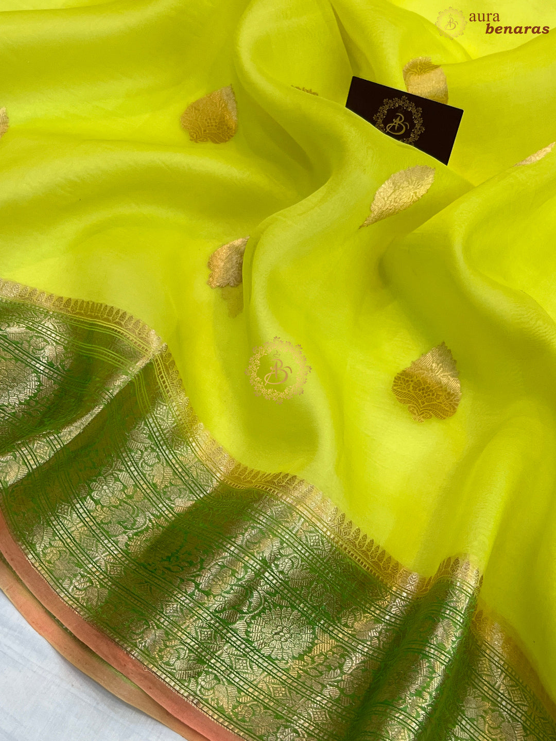 Pre Order :: Lime Green Pure Banarasi Handloom Kora Silk Saree