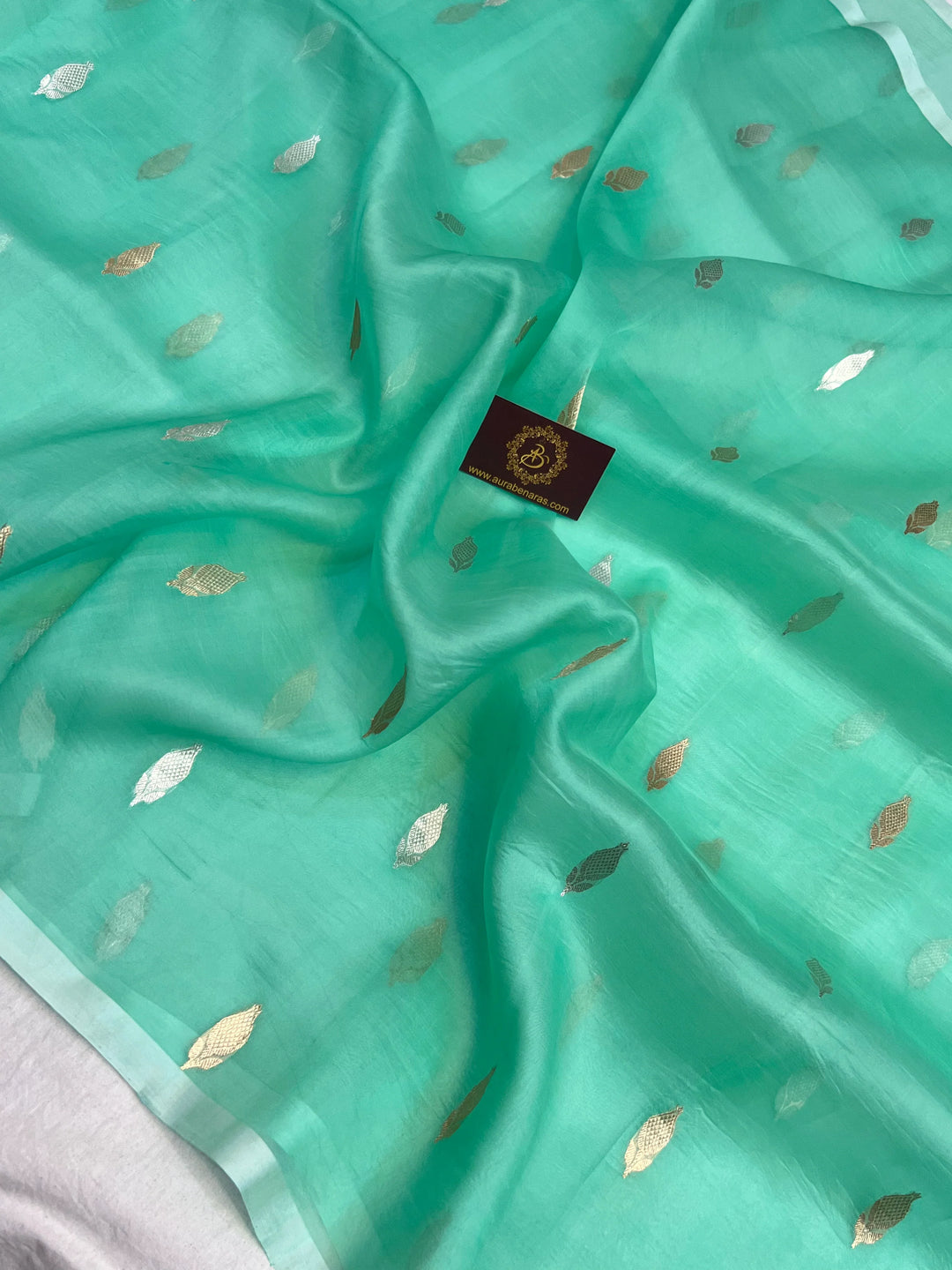 Turquoise Green Pure Kora Silk Banarasi Saree with Sona Rupa Butis 