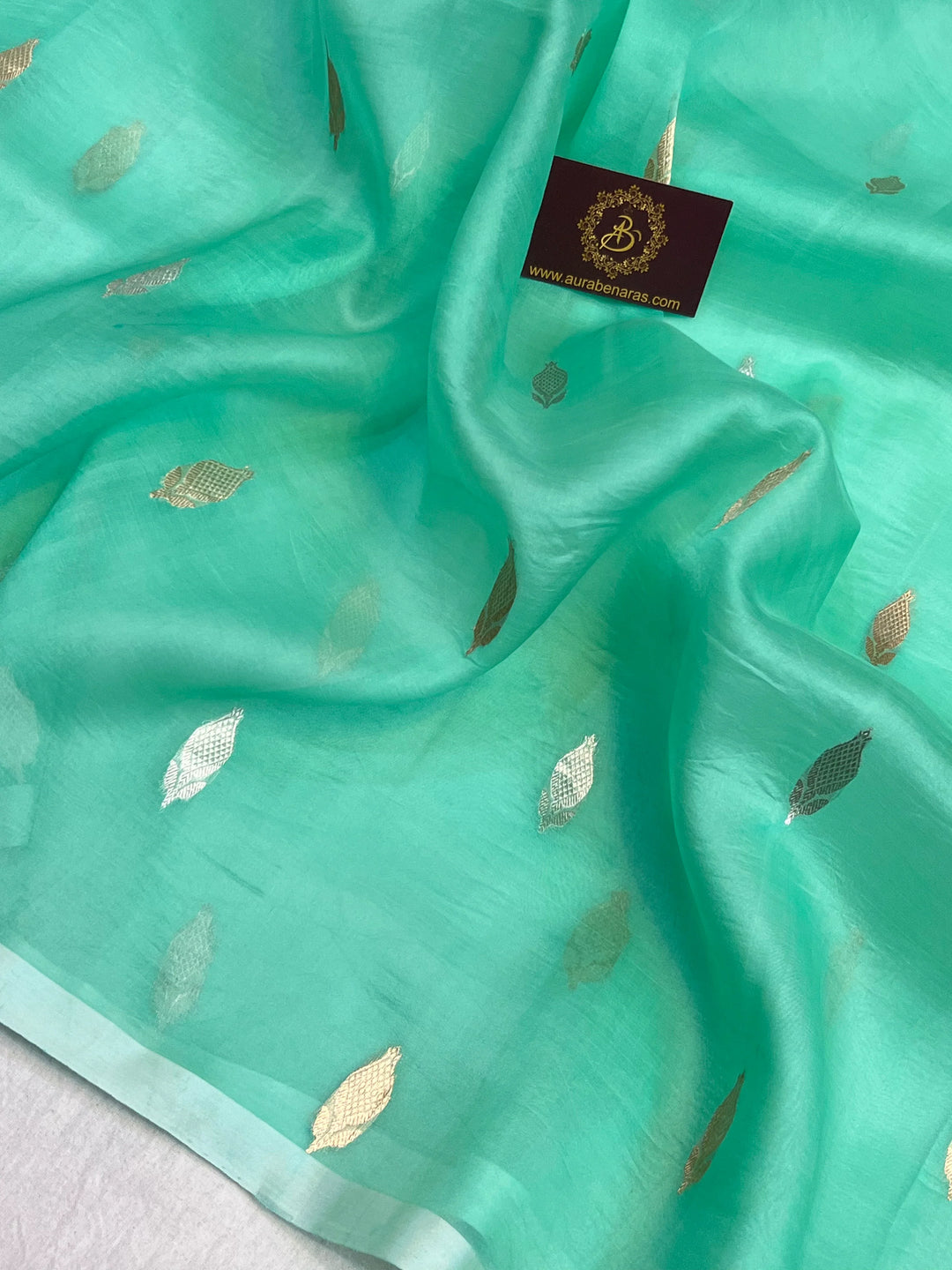 Turquoise Green Pure Kora Silk Banarasi Saree with Sona Rupa Butis 