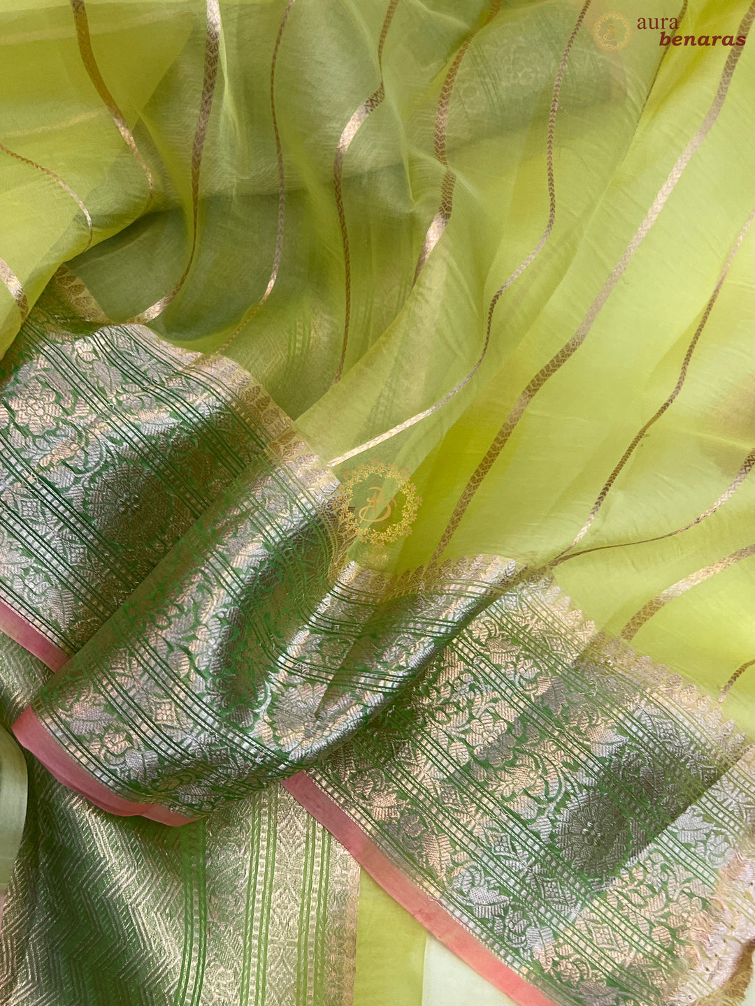 Pre Order :: Lime Green Pure Banarasi Handloom Kora Silk Saree