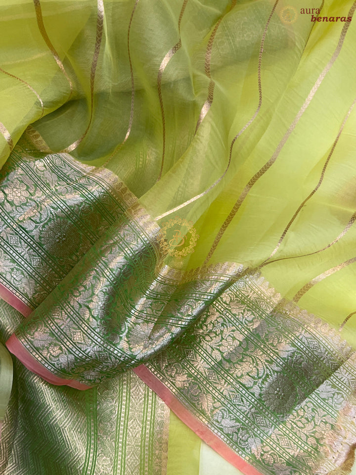 Pre Order :: Lime Green Pure Banarasi Handloom Kora Silk Saree
