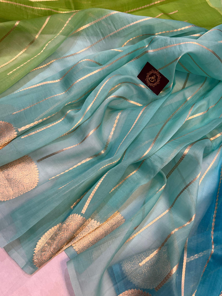 Green - Blue Shaded Banarasi Handloom Kora Silk Saree - Aura Benaras