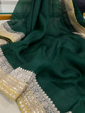 Bottle Green Banarasi Handloom Kora Silk Saree - Aura Benaras