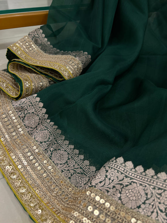 Bottle Green Banarasi Handloom Kora Silk Saree - Aura Benaras