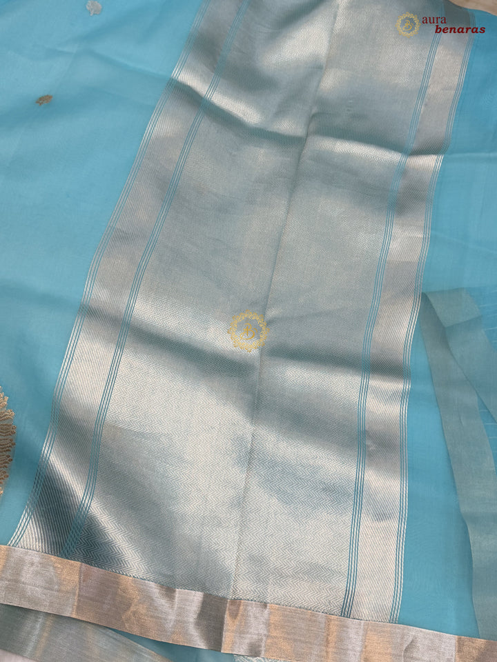 Sky Blue Pure Silk Banarasi Saree with Kadhwa Floral Motifs 