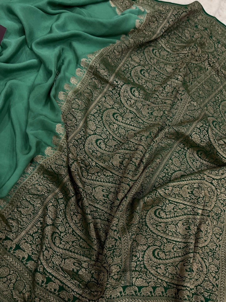Greyish Green Pure Banarasi Khaddi Crepe Silk Saree