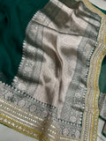 Bottle Green Banarasi Handloom Kora Silk Saree - Aura Benaras