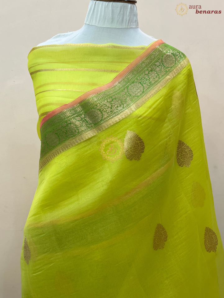 Pre Order :: Lime Green Pure Banarasi Handloom Kora Silk Saree