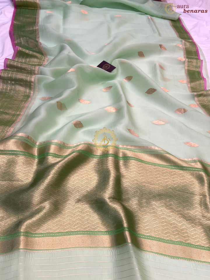 Pre Order :: Pastel Green Pure Banarasi Handloom Kora Silk Saree