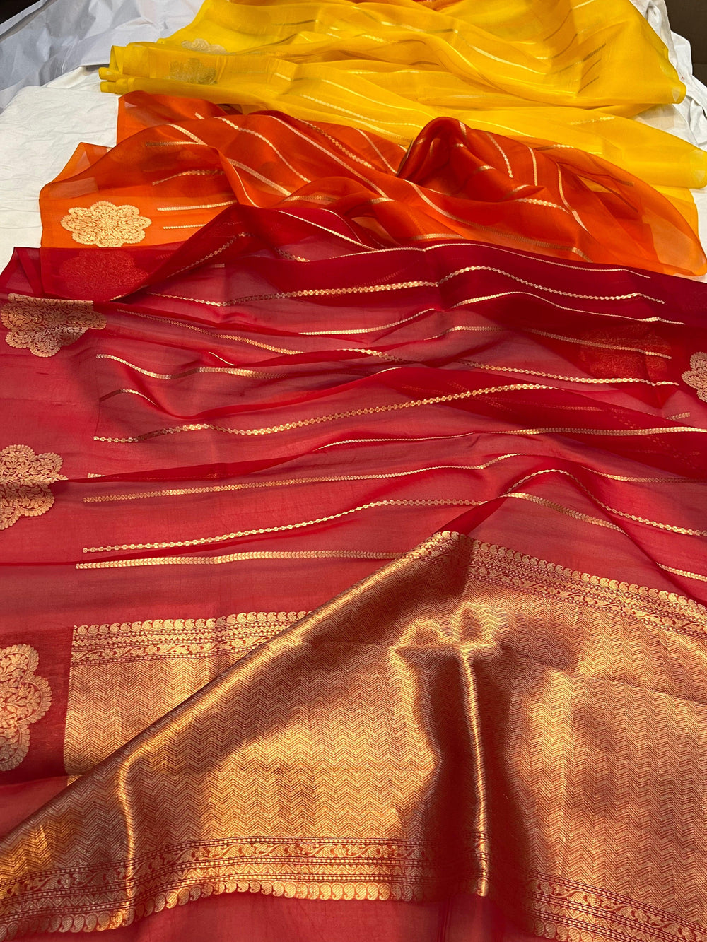 Yellow - Orange - Red Shaded Banarasi Handloom Kora Silk Saree - Aura Benaras