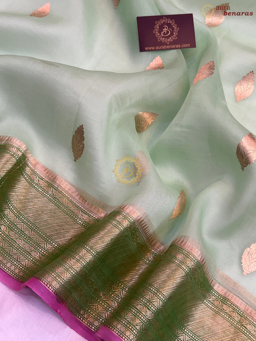 Pre Order :: Pastel Green Pure Banarasi Handloom Kora Silk Saree
