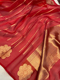 Yellow - Orange - Red Shaded Banarasi Handloom Kora Silk Saree - Aura Benaras