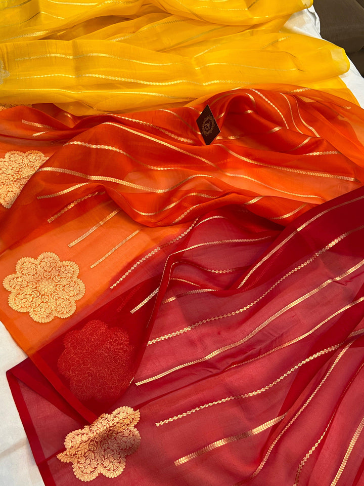 Yellow - Orange - Red Shaded Banarasi Handloom Kora Silk Saree - Aura Benaras