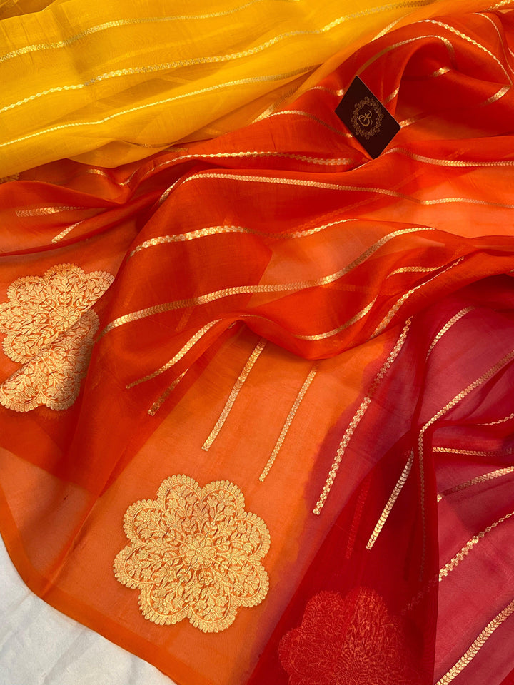 Yellow - Orange - Red Shaded Banarasi Handloom Kora Silk Saree - Aura Benaras