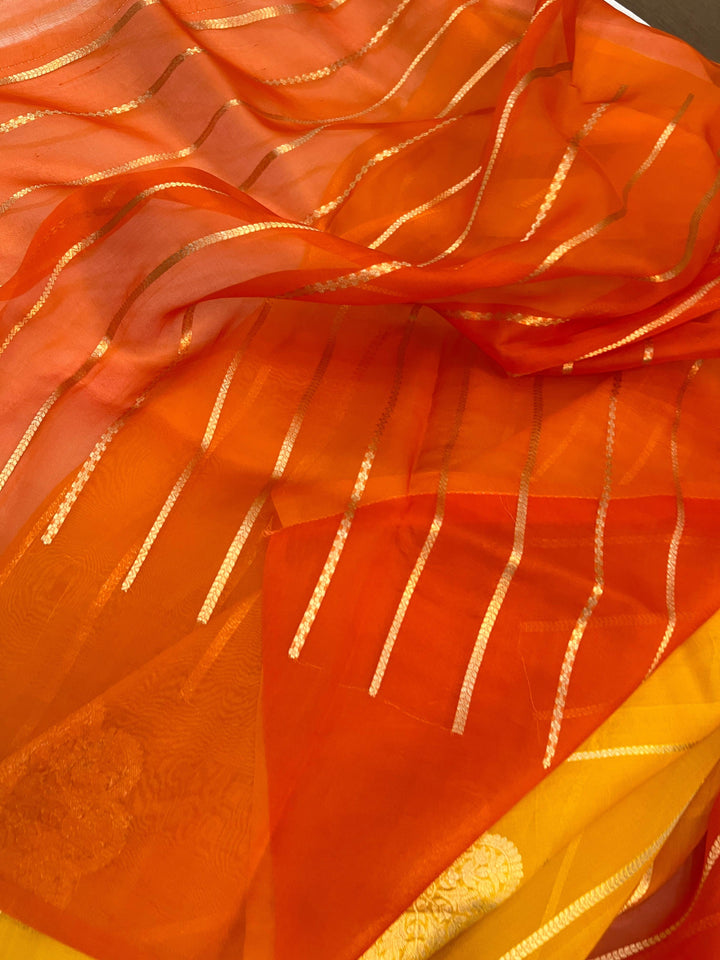 Yellow - Orange - Red Shaded Banarasi Handloom Kora Silk Saree - Aura Benaras