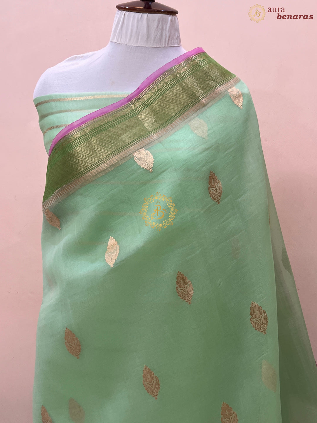 Pre Order :: Pastel Green Pure Banarasi Handloom Kora Silk Saree