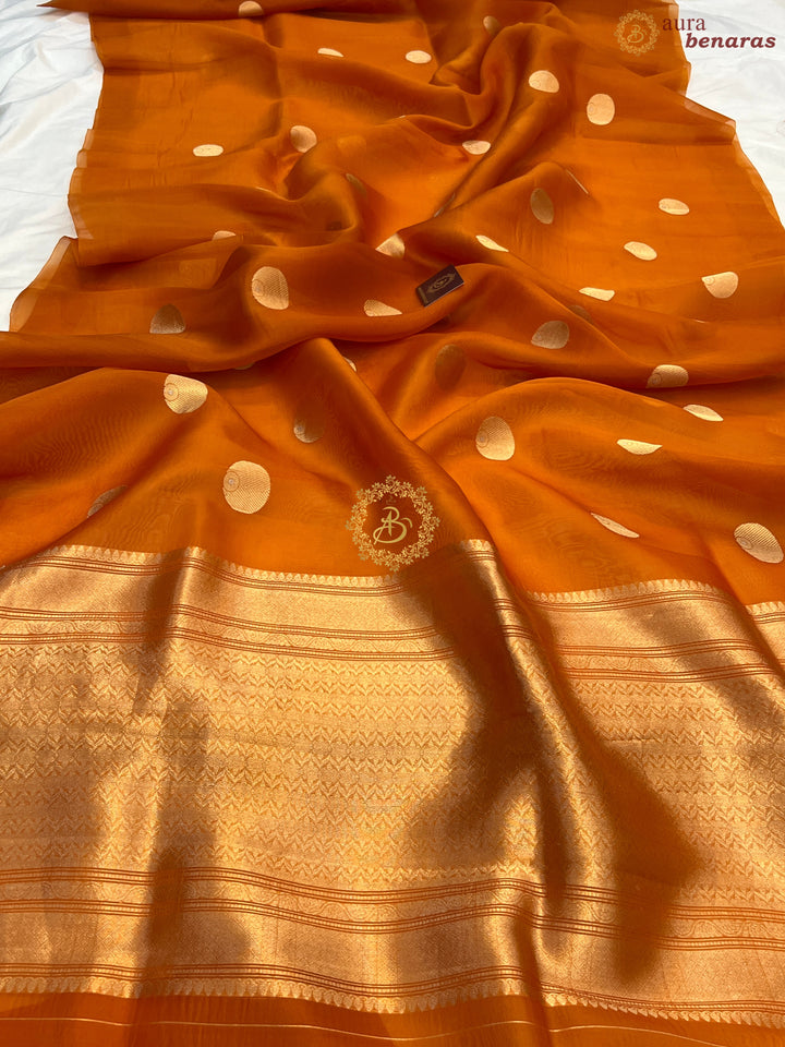Rust Orange Pure Banarasi Handloom Kora Silk Saree