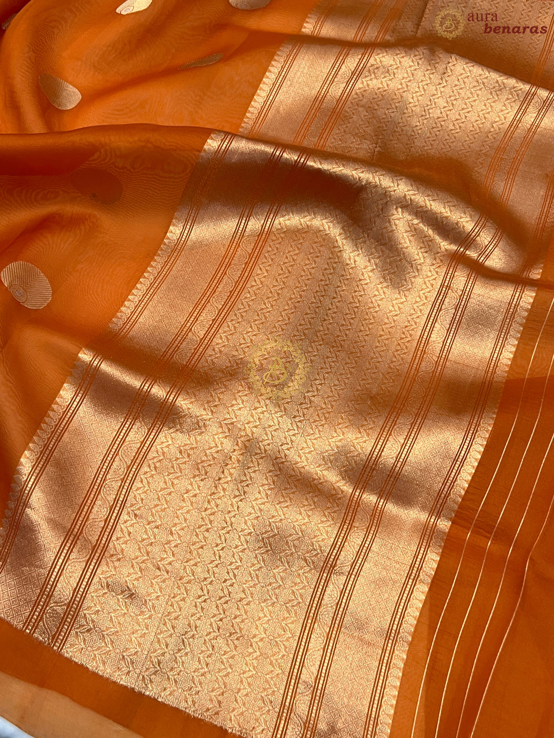 Rust Orange Pure Banarasi Handloom Kora Silk Saree