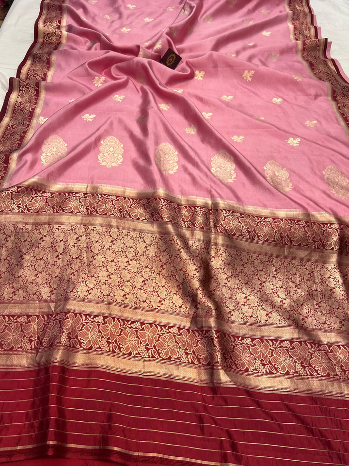 Pastel Pink Pure Silk Banarasi Saree – Bridal Kadhwa Floral Design