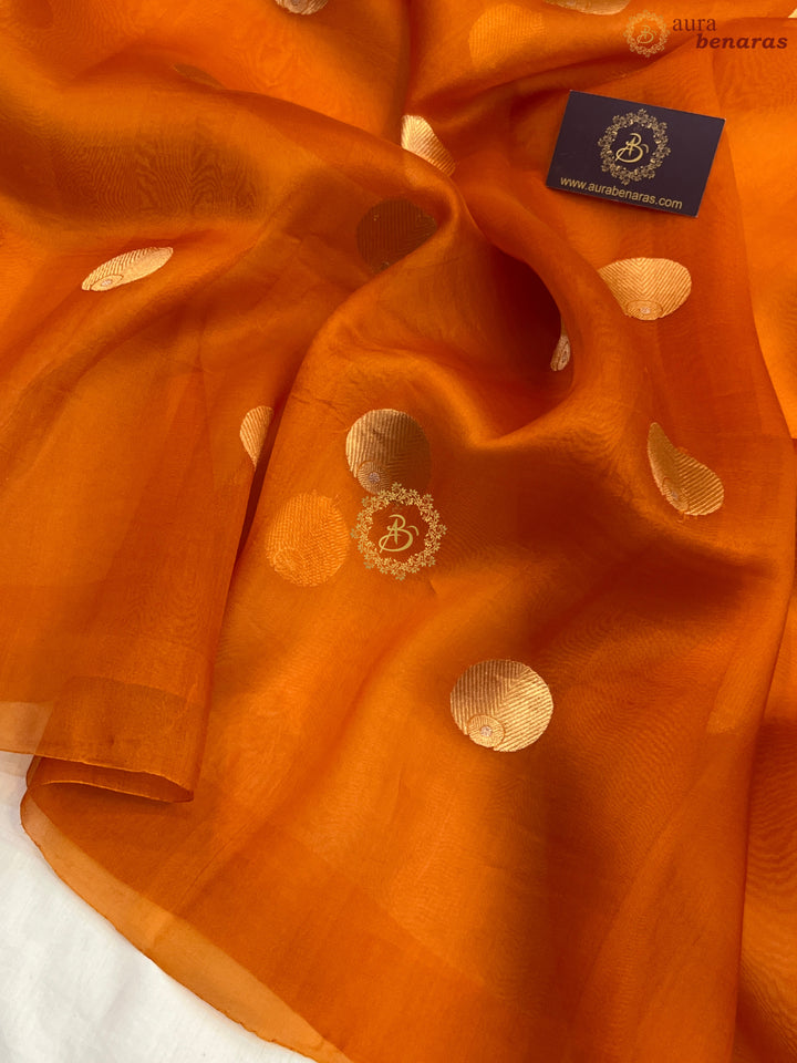 Rust Orange Pure Banarasi Handloom Kora Silk Saree