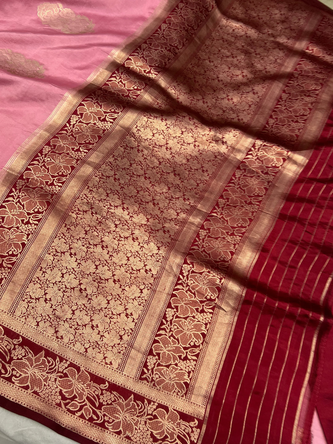 Pastel Pink Pure Silk Banarasi Saree – Bridal Kadhwa Floral Design