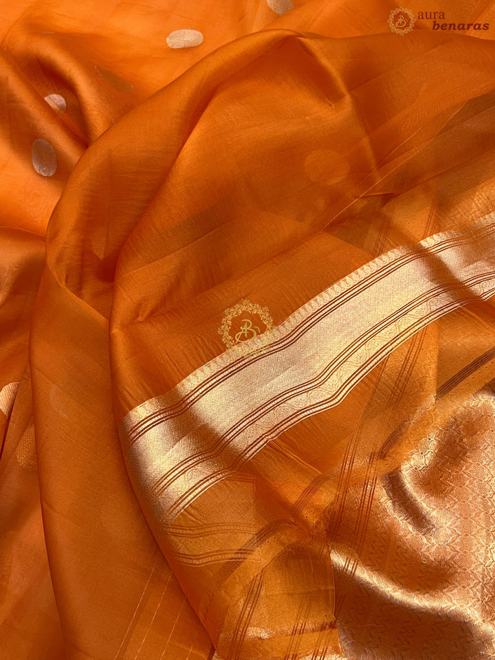 Rust Orange Pure Banarasi Handloom Kora Silk Saree