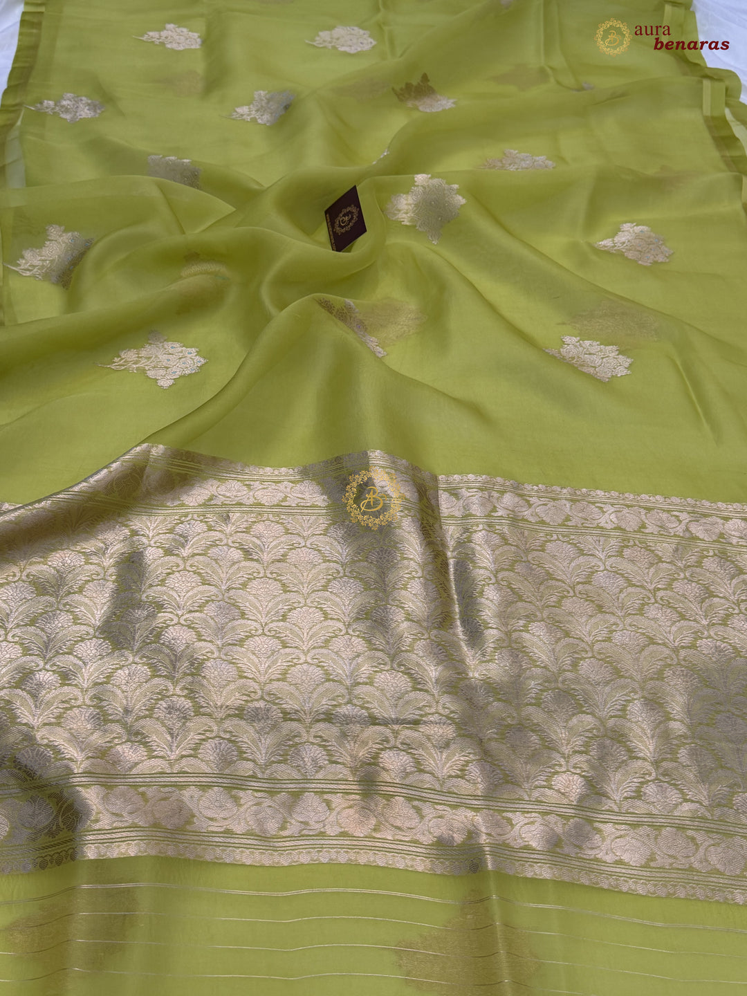 Neon Green Kora Silk Banarasi Saree with Meenakari Butis
