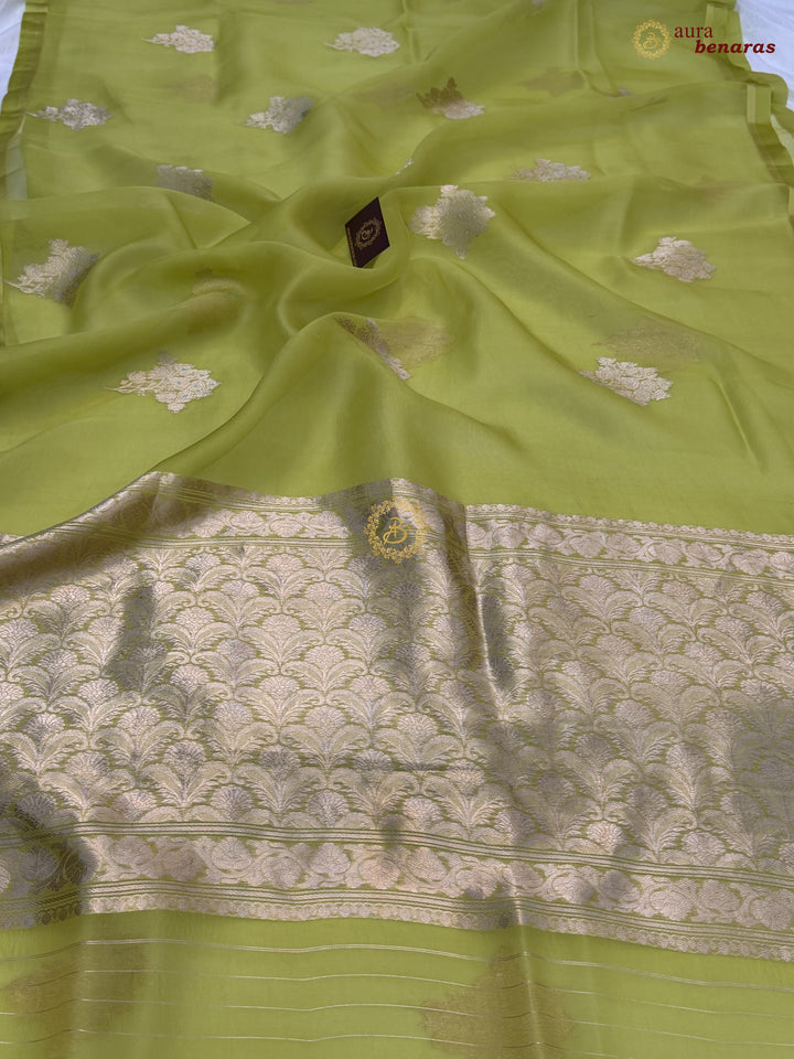 Neon Green Kora Silk Banarasi Saree with Meenakari Butis