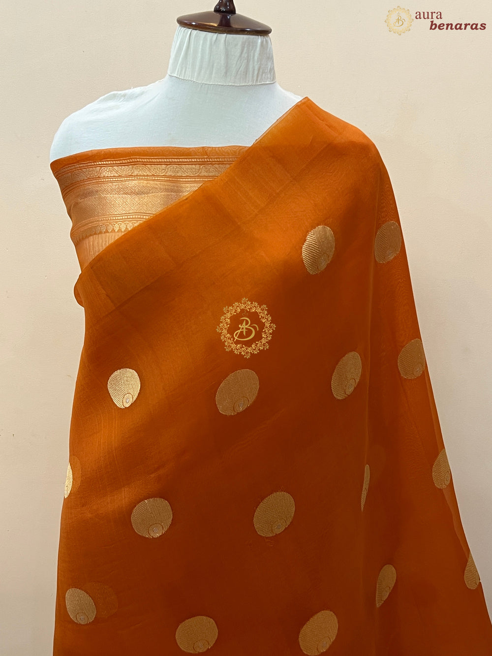 Rust Orange Pure Banarasi Handloom Kora Silk Saree