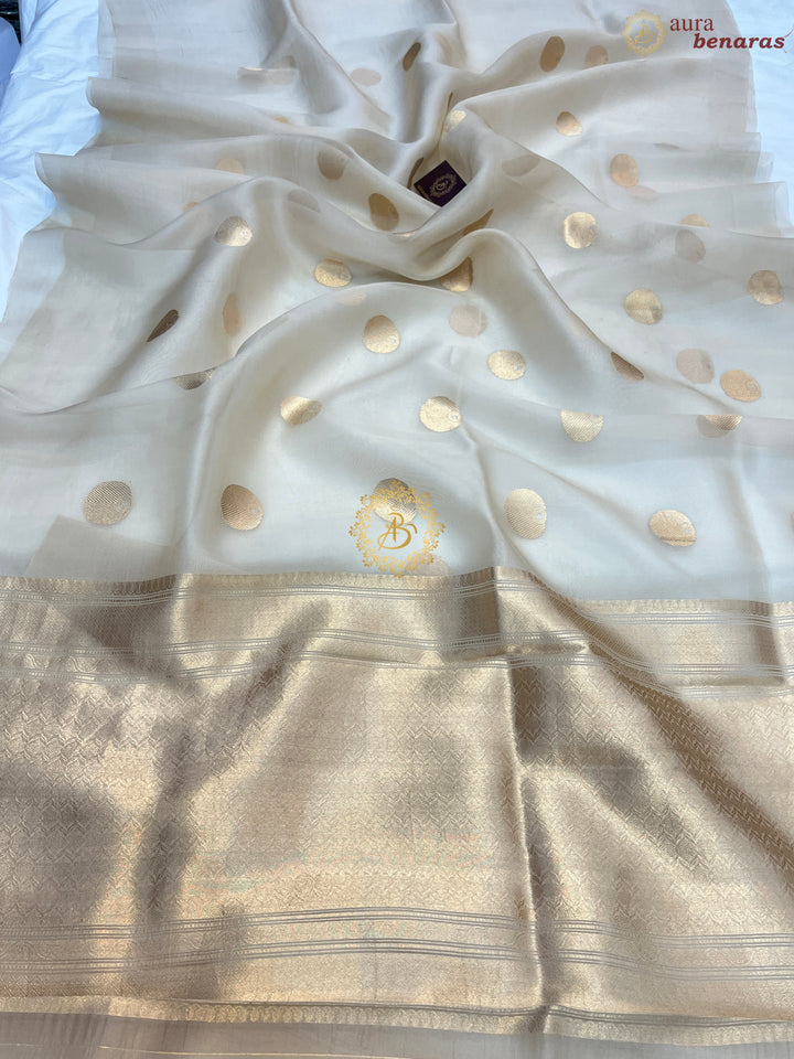 Off White Pure Banarasi Handloom Kora Silk Saree