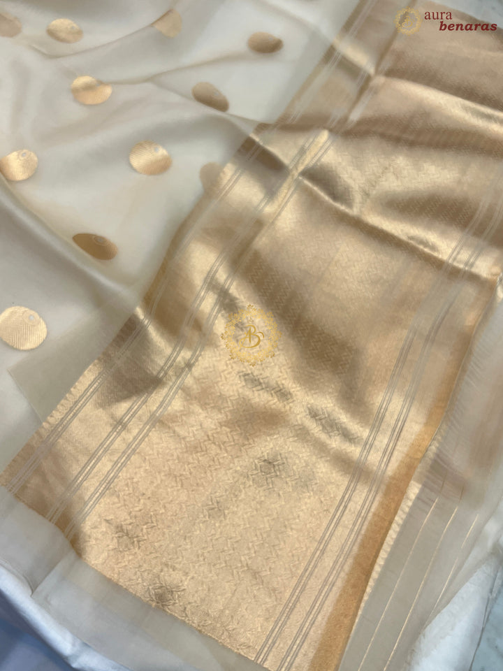 Off White Pure Banarasi Handloom Kora Silk Saree