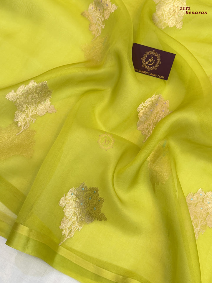 Neon Green Kora Silk Banarasi Saree with Meenakari Butis