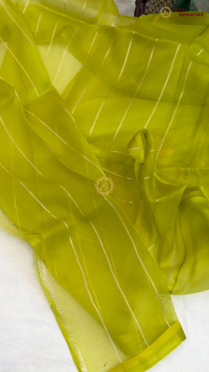 Neon Green Kora Silk Banarasi Saree with Meenakari Butis