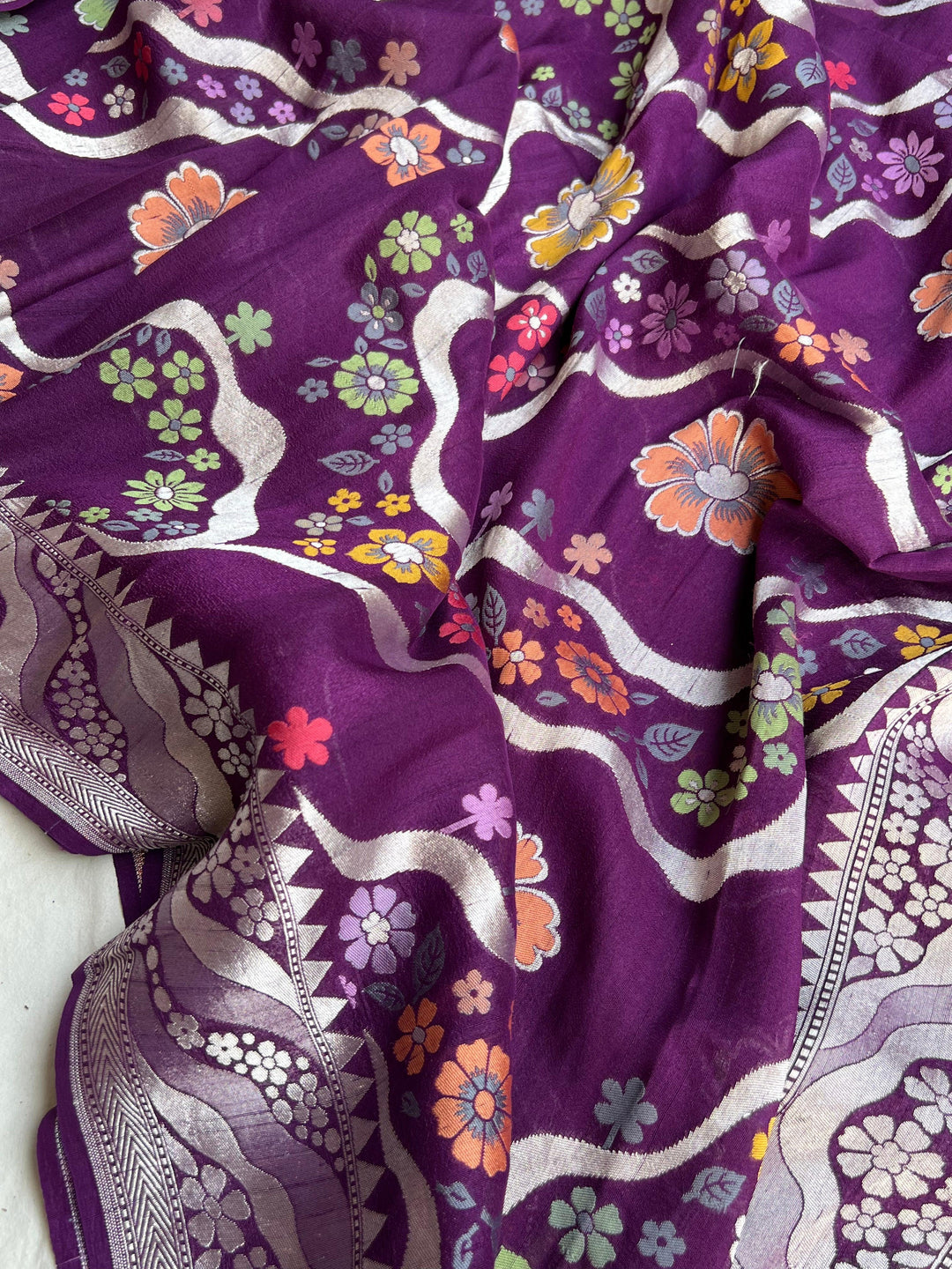 Wine Banarasi Handloom Pure Tussar Georgette Saree - Aura Benaras