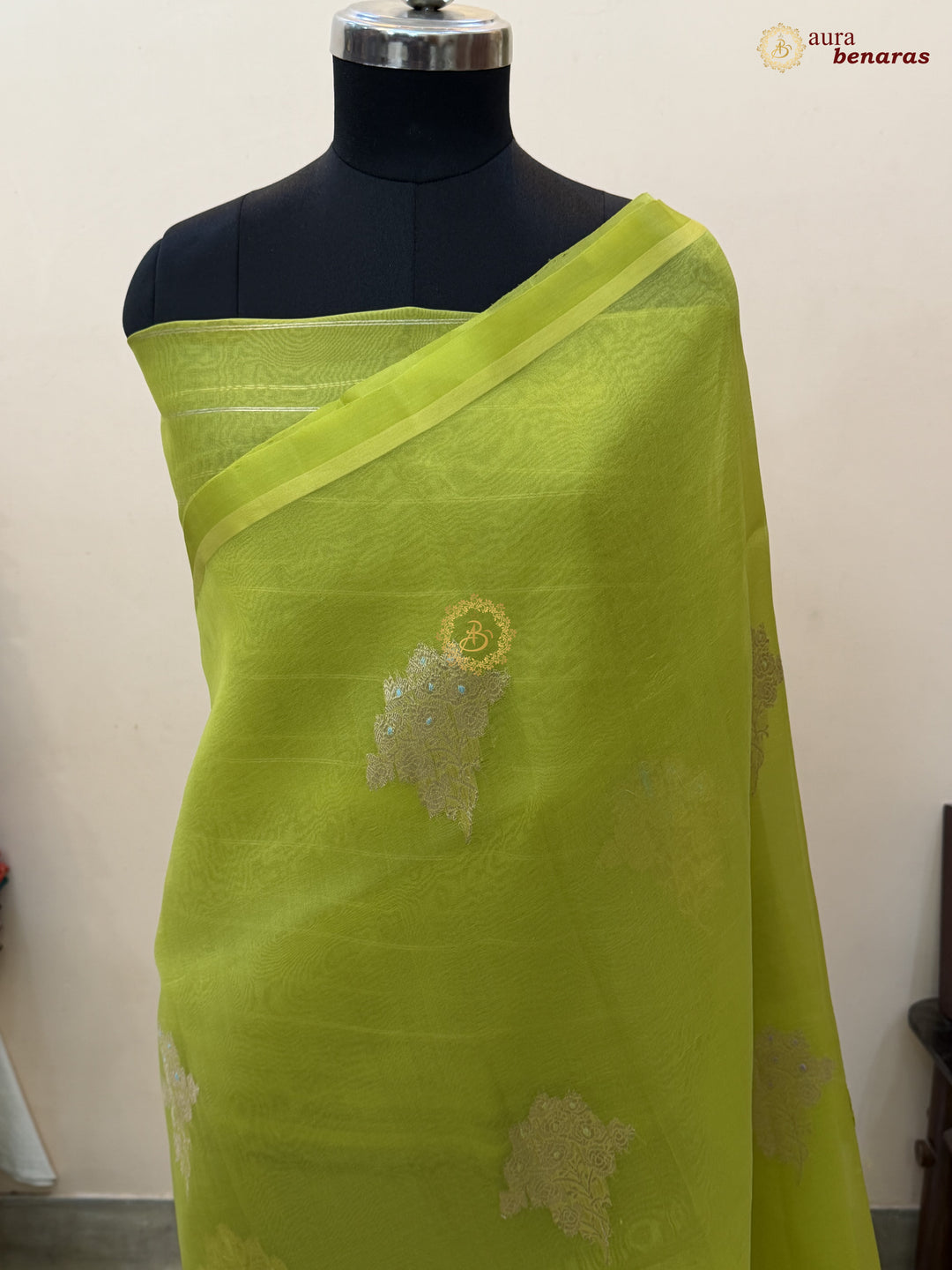 Neon Green Kora Silk Banarasi Saree with Meenakari Butis