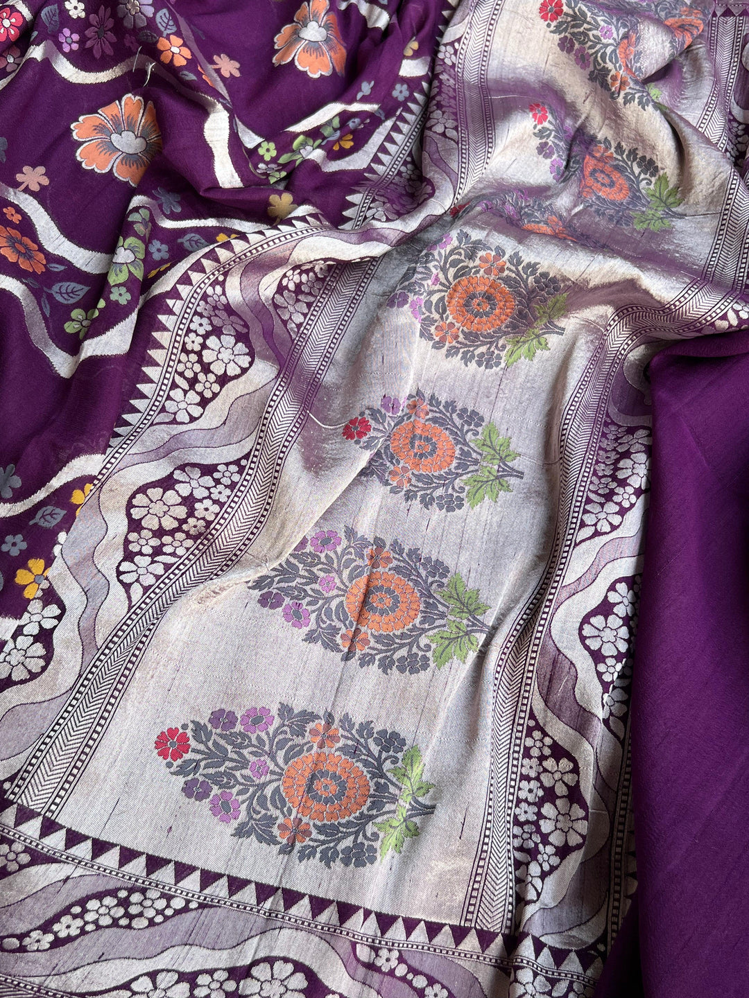 Wine Banarasi Handloom Pure Tussar Georgette Saree - Aura Benaras