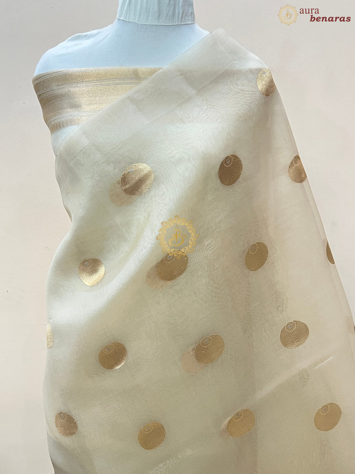 Off White Pure Banarasi Handloom Kora Silk Saree