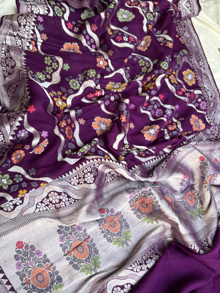 Wine Banarasi Handloom Pure Tussar Georgette Saree - Aura Benaras