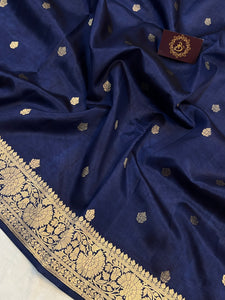 Navy Blue Pure Banarasi Handloom Silk Saree - Aura Benaras