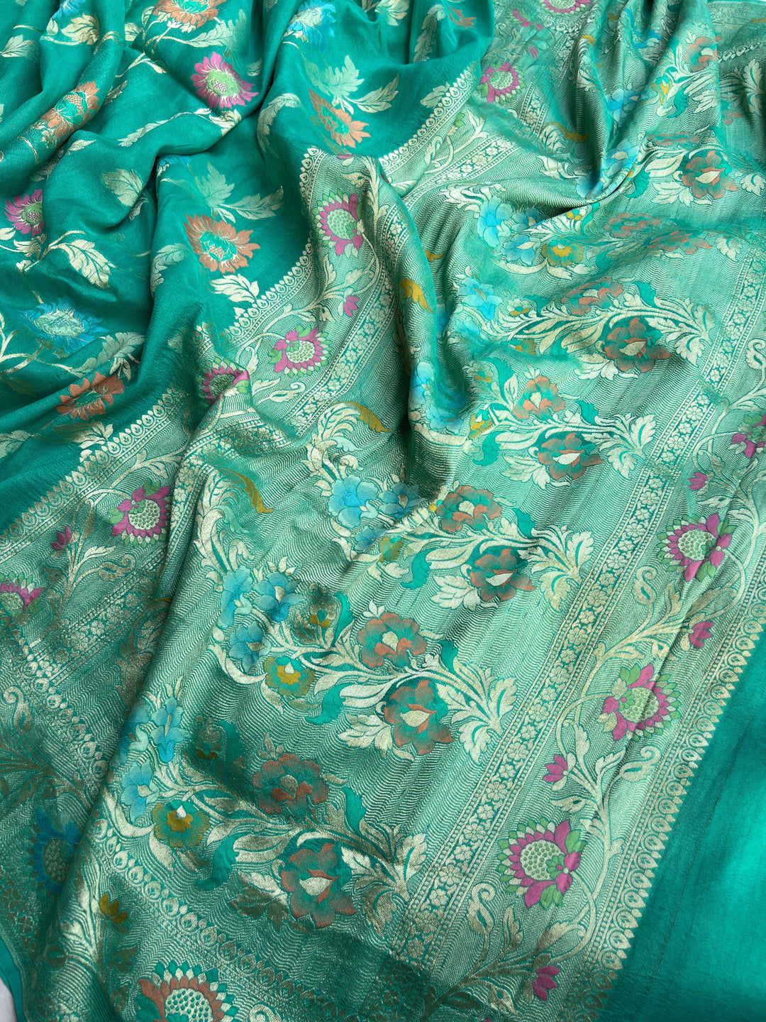 Sea Green Banarasi Handloom Pure Tussar Georgette Saree - Aura Benaras