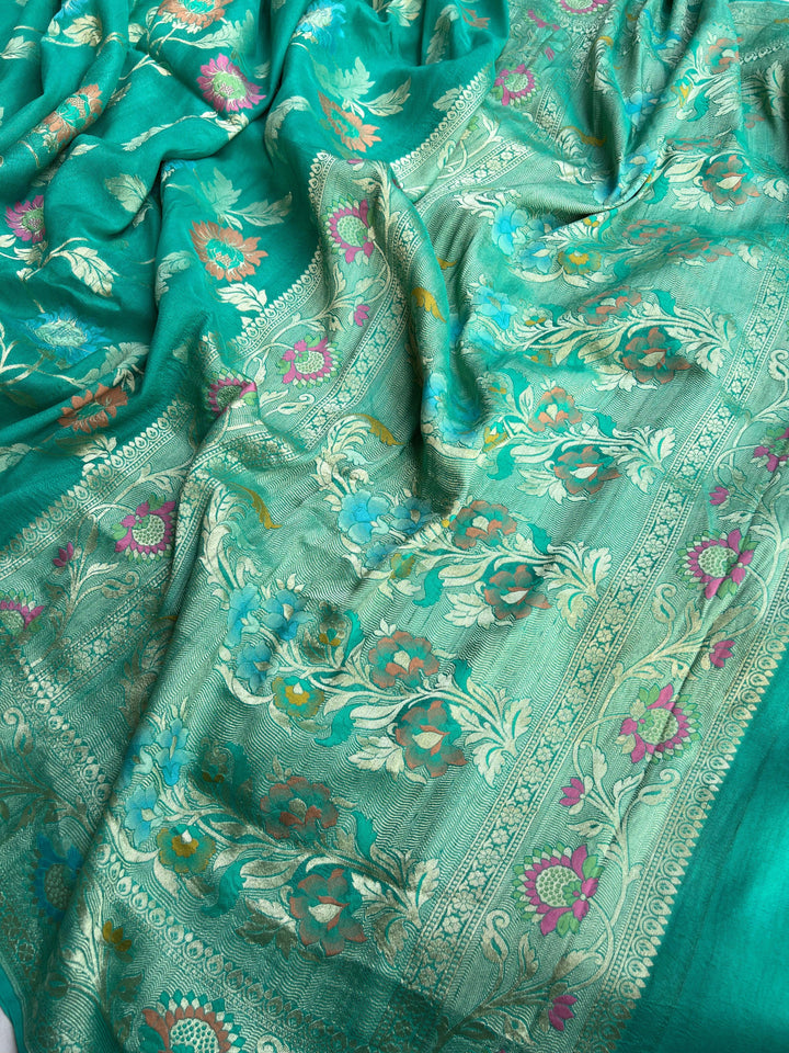 Sea Green Banarasi Handloom Pure Tussar Georgette Saree - Aura Benaras