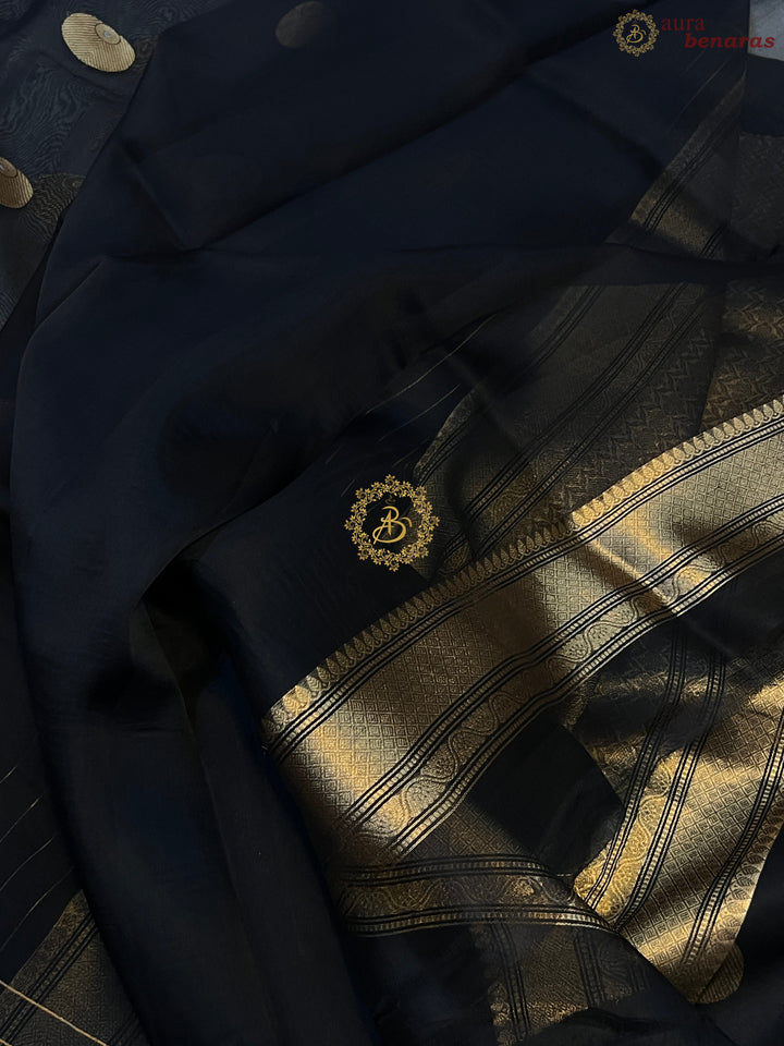 Black Pure Banarasi Handloom Kora Silk Saree