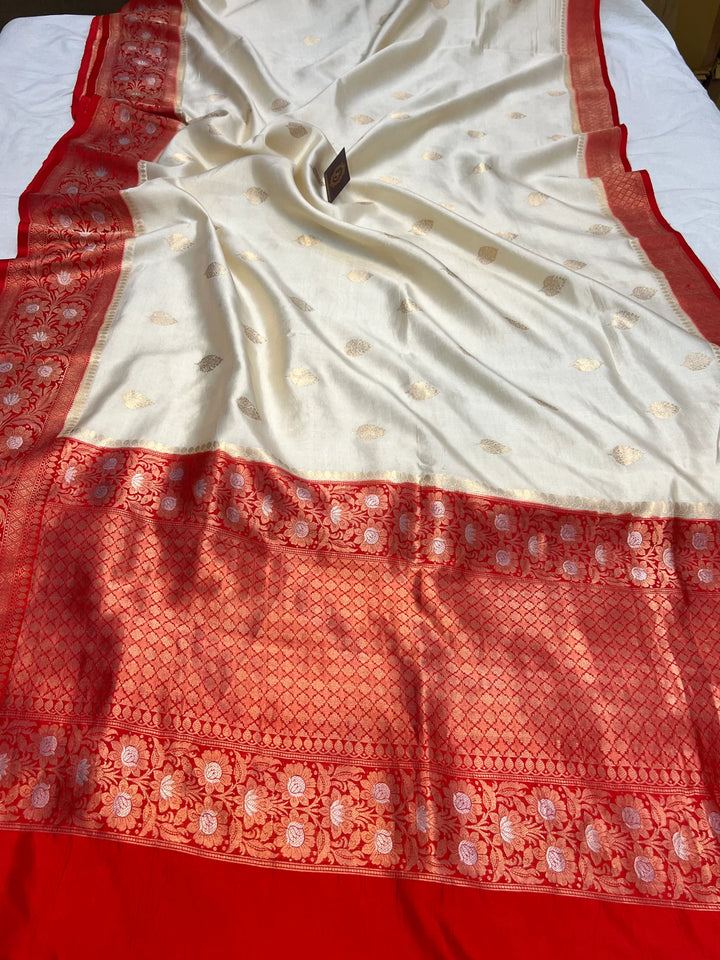Off-White Banarasi Silk Saree | Kadhwa & Sona Rupa Border