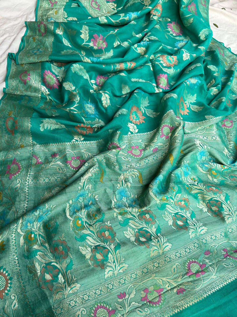 Sea Green Banarasi Handloom Pure Tussar Georgette Saree - Aura Benaras