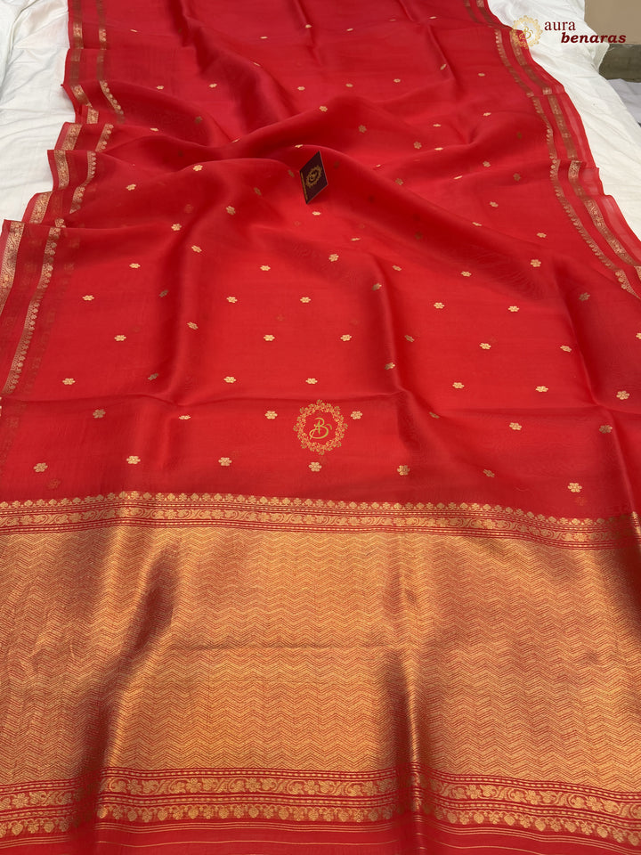 Red Banarasi Handloom Kora Silk Saree - Aura Benaras