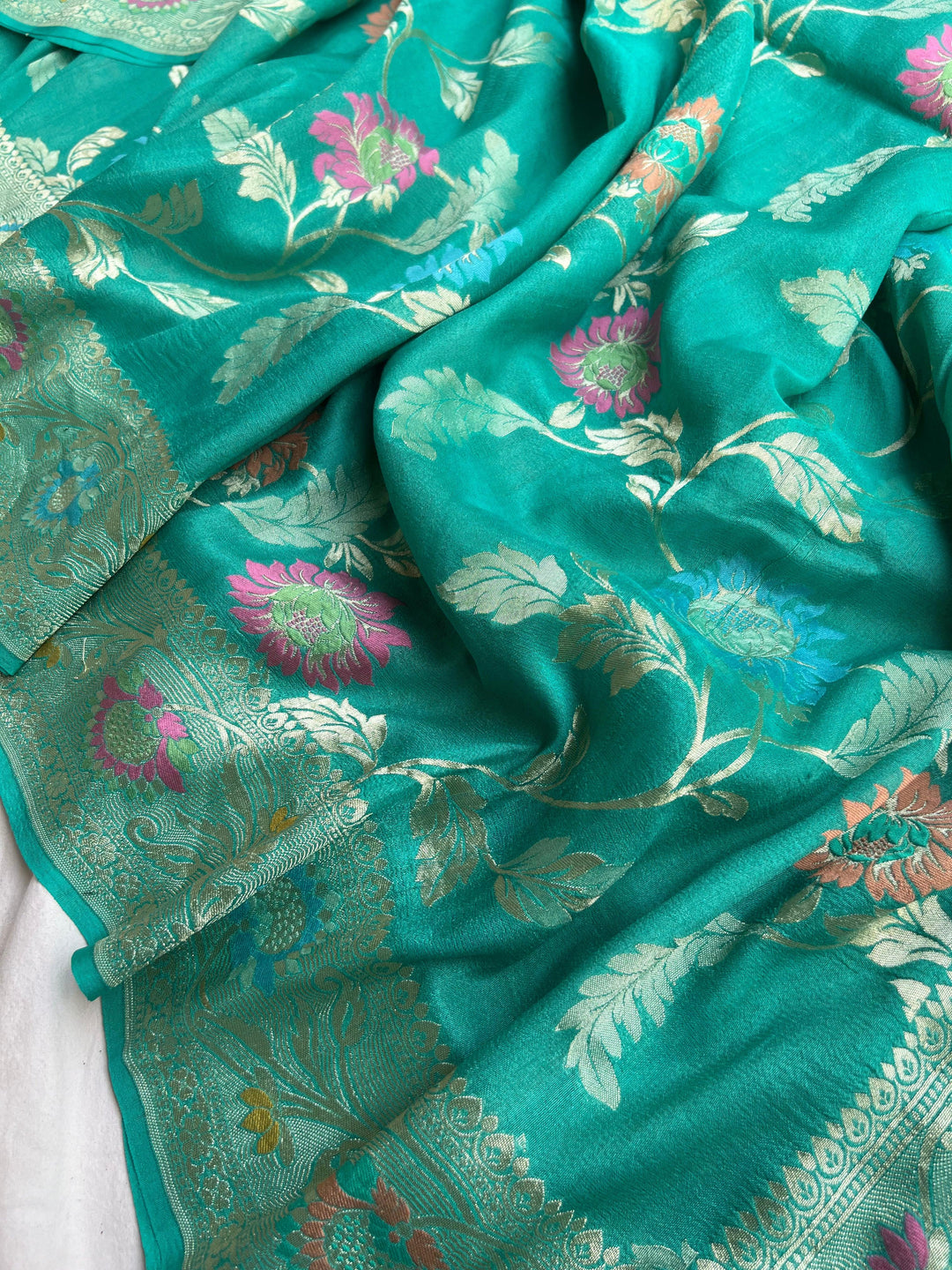 Sea Green Banarasi Handloom Pure Tussar Georgette Saree - Aura Benaras